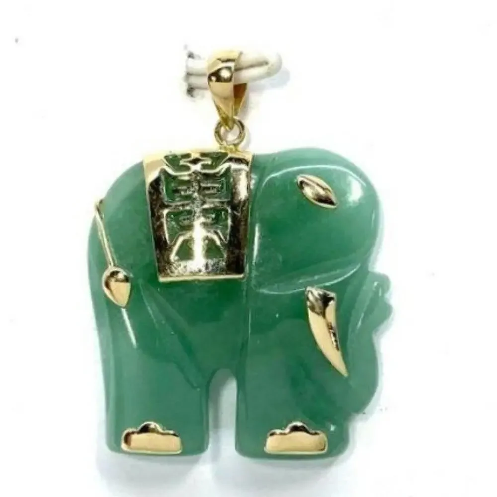 Stamped 14K Yellow Gold Carved Nephrite Jade Elephant Pendant - Picture 8 of 9